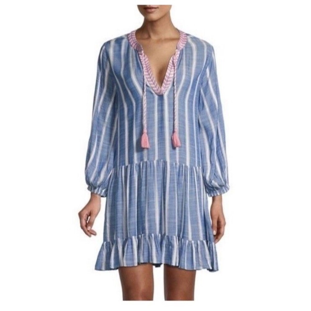 Shoshanna Chambray Umbrella Mini Dress M Blue Stripe Tie Neck Beach Swim Coverup